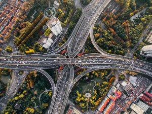 An aerial view of an intersection and highway.