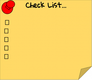 A checklist on a yellow post it note.